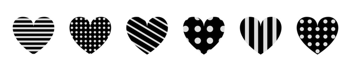 Black heart icon set. Happy Valentines day. Love sign symbol simple template. Cute polka dot, line pattern. Decoration element. Greeting card. Square composition. Flat design. White background.