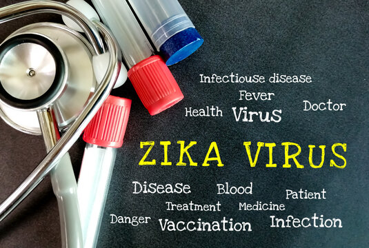 Zika virus concept photo with medical tools on black background