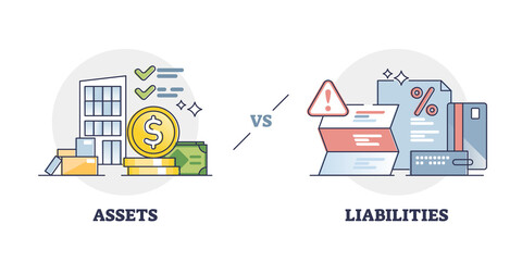 Assets vs liabilities as balance with debts and incomes outline diagram. Labeled educational economical or financial company and business value calculation vector illustration. Payments versus profit.