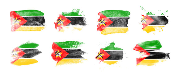 Painted flag of Mozambique in various brushstroke styles.