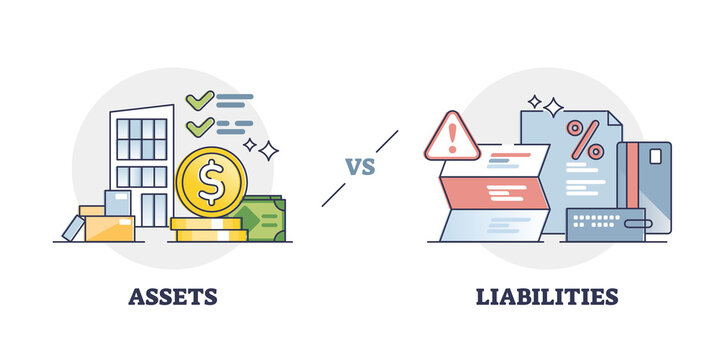Assets vs liabilities as balance with debts and incomes outline diagram. Labeled educational economical or financial company and business value calculation vector illustration. Payments versus profit.