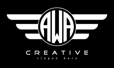 AWA three letter monogram type circle letter logo with wings vector template. - obrazy, fototapety, plakaty
