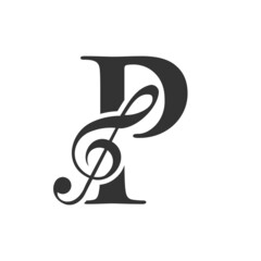 Music Logo On Letter P Concept. P Music Note Sign, Sound Music Melody Template