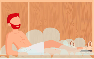 Obraz premium Man in white towel rest on wooden bench at hot steam sauna. Relaxing and wellness in finnish, russian bath or spa center. Heat therapy, relaxation and health care. Bathing character wellness procedure