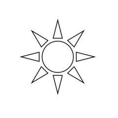 Brightness control line icon in black. Sun outline symbol. Trendy flat isolated sign used for: illustration, logo, mobile, app, emblem, design, web, dev, site, ui, ux, gui. Vector EPS 10