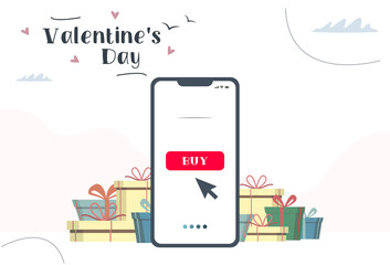 Online buying gifts. Buy gifts online phone. Valentines sale. Vector image