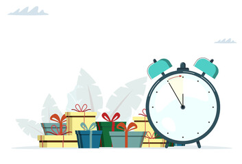 Time for lots gifts. Big clock. Vector illustration in flat design