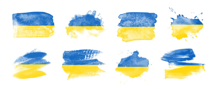 Painted flag of Ukraine in various brushstroke styles.