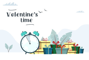 Gift box set. Lots of gifts and big clock. Festive decoration of gifts for Valentine's Day. Valentines time. Vector illustration