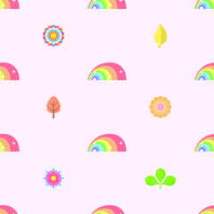 Abstract Doodle Seamless Pattern Rainbow With Flowers, Leaves, Leaf Nature Fabric Background Decoration Vector Design Style For Prints Textiles, Clothing, Gift Wrap, Wallpaper, Pastel