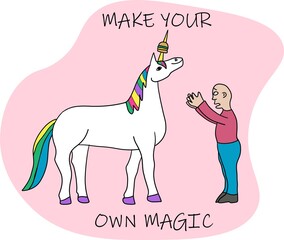 Funny unicorn pocket vector Sketch. Cheerful unicorn took a hamburger from a man. print design on t-shirt, cute tee print. Make your own magic