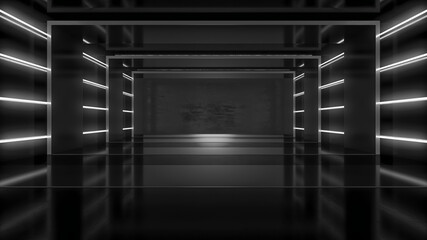 Empty room with neon lights. Futuristic tunnel architecture background. Box with metal wall. 3d render