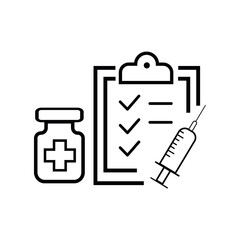 Plan of coronavirus vaccination. Clipboard with check marks, shield with syringe. Immune system. Thin line icon. Pixel perfect, editable stroke. vector illustration.