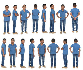 Obraz premium various poses back side and front view of the same boy from behind on white background