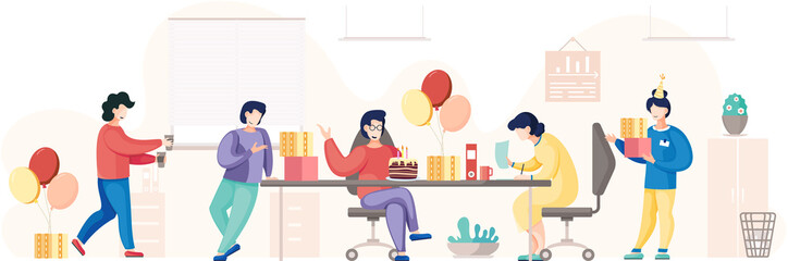Business celebration concept. Team celebrates company anniversary. Birthday party in office. Workers organize holiday, congratulate colleague. Entertainment at workplace team giving gifts and cake