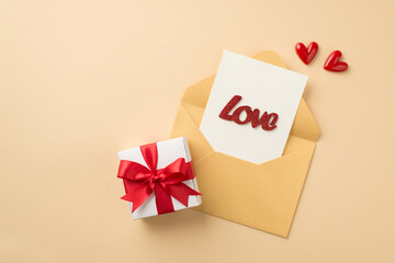 Top view photo of open pastel yellow envelope with card inscription love small red hearts and white giftbox with red ribbon bow on isolated beige background