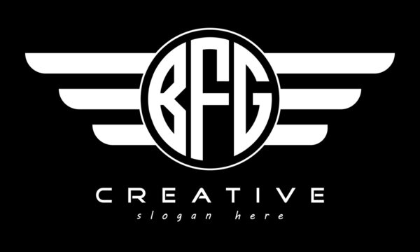 BFG three letter monogram type circle letter logo with wings vector template.