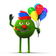 Lustiges flauschiges Monster mit bunten Luftballons, Faschingskappe und roter Nase als Clown, isoliert auf weißem Hintergrund 3D Rendering