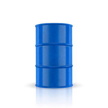 Vector 3d Barrel of Oil. Blue Steel Simple Glossy Metal Enamel Barrel. Fuel, Gasoline, Oil Barrel Icon Isolated. Design Template for Mockup. Front View