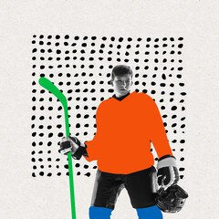 Creative design. Contemporary art collage of teen boy, hockey player in colorful uniform posing...