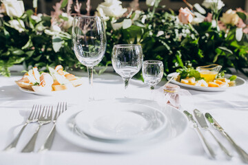 Decorated tables at a luxury wedding restaurant