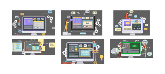 Programmer engineering and coding. Programmer working on code for web app development on computer. Concept of script coding and programming in php, javascript, python languages. Software developers