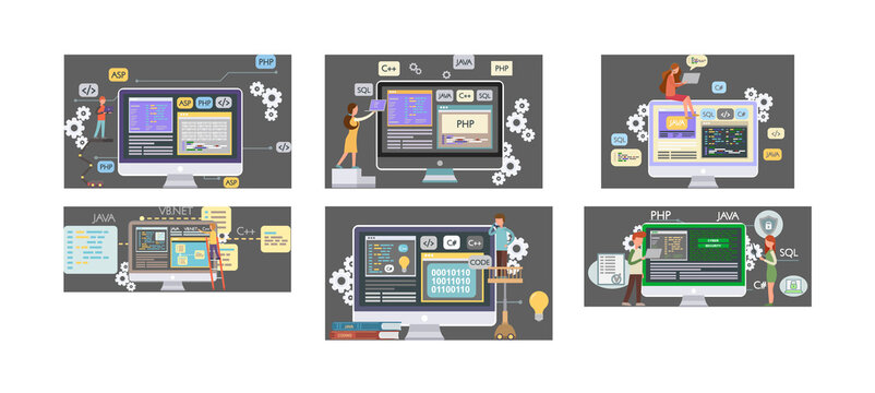 Programmer engineering and coding. Programmer working on code for web app development on computer. Concept of script coding and programming in php, javascript, python languages. Software developers