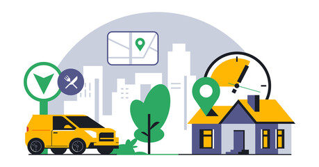 Online food delivery service to your home. Fast food delivery by courier car. Timer, stopwatch, time, address, map, street, route, gps, location, city, sign, icon. Vector illustration