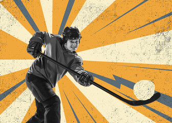 Retro style design. Contemporary art collage of young girl in motion playing hockey isolated over multicolored background