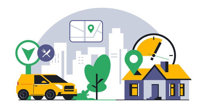 Online food delivery service to your home. Fast food delivery by courier car. Timer, stopwatch, time, address, map, street, route, gps, location, city, sign, icon. Vector illustration © kostymo