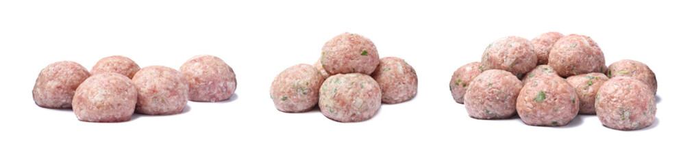 Set with fresh raw meatballs on white background. Banner design