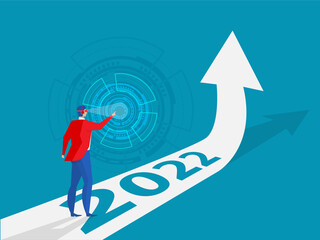 Businessman wear metaverse 2022 years new way or direct plan further concept Flat Vector cartoon illustration.