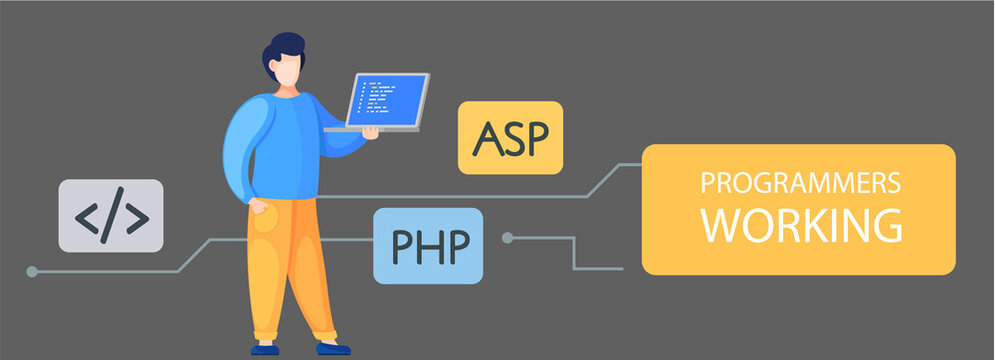 Programmer engineering and coding. Programmer working on code for web app development on computer. Concept of script coding and programming in php, javascript, python languages. Software developers