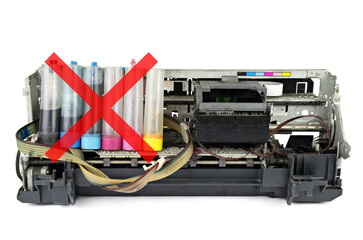 Broken Printer and wrong mark  isolated on white background.Concept print head is clogged because...