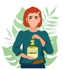 Compost. A young modern woman throws organic debris into a compost can. Zero waste concept vector illustration.