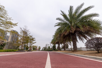 Fototapeta premium On a cloudy day, the red asphalt runway in the park