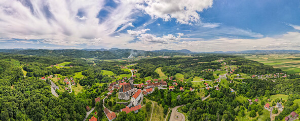 Aerial Panoramic View on Ptujska Gora Church and Slovenia Countryside