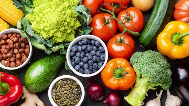 Healthy eating ingredients: fresh vegetables, fruits and superfood. Nutrition, diet, vegan food.