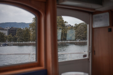 The interior of a ship on Lake Geneva.