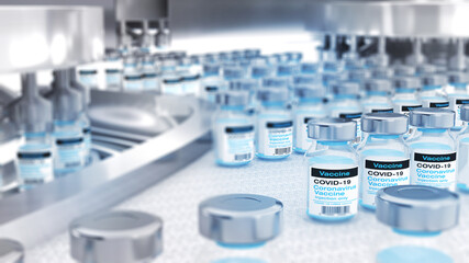 Manufacture process of vaccine,production of Covid-19 vaccine. Bio science 3D rendering