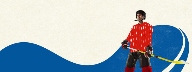 Contemporary art collage. Modern design. Motivated sportsman, hockey player in uniform posing...