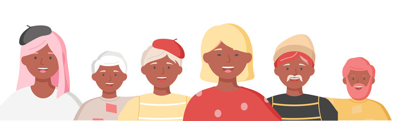 Multiethnic group of people standing together community and togetherness concept, diversity portrait. Characters men and women isolated on white. Crowd community. Social diversity friends or relatives