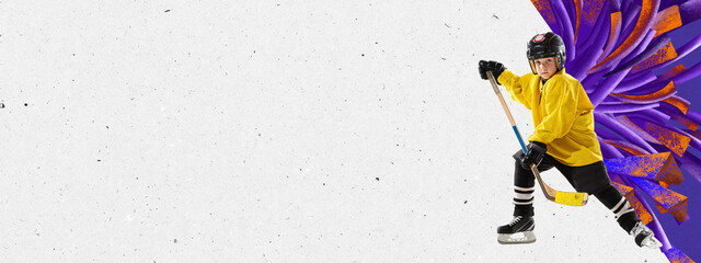 Colorful modern design. Contemporary art collage of child, hockey player training isolated over...