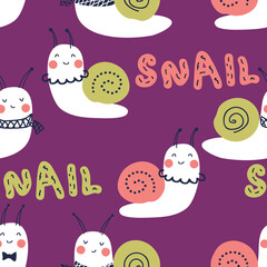 Hand drawn seamless pattern with snails and text. Perfect for T-shirt, greeting card, poster, textile and print. Doodle vector illustration for decor and design.
