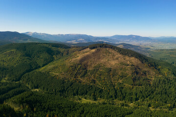 Fototapeta na wymiar Beautiful mountains covered with forest on sunny day. Drone photography
