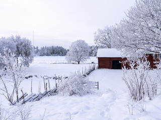 Fototapeta na wymiar Farm barn and house in a cold winter landscape with snow and frost.