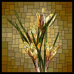 Vector square mosaic with blooming yellow crocus flowers in stained glass window.