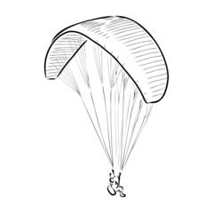 Paragliding man sketch. Paraglide wing and harness for sky flights. Monochrome hand drawn vector illustration isolated in white background