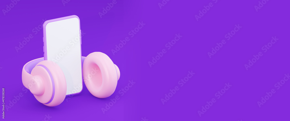 Poster pink headphones with a mobile smartphone horizontal picture with an empty space. 3d rendering
