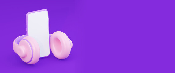 Pink headphones with a mobile smartphone Horizontal picture with an empty space. 3d rendering